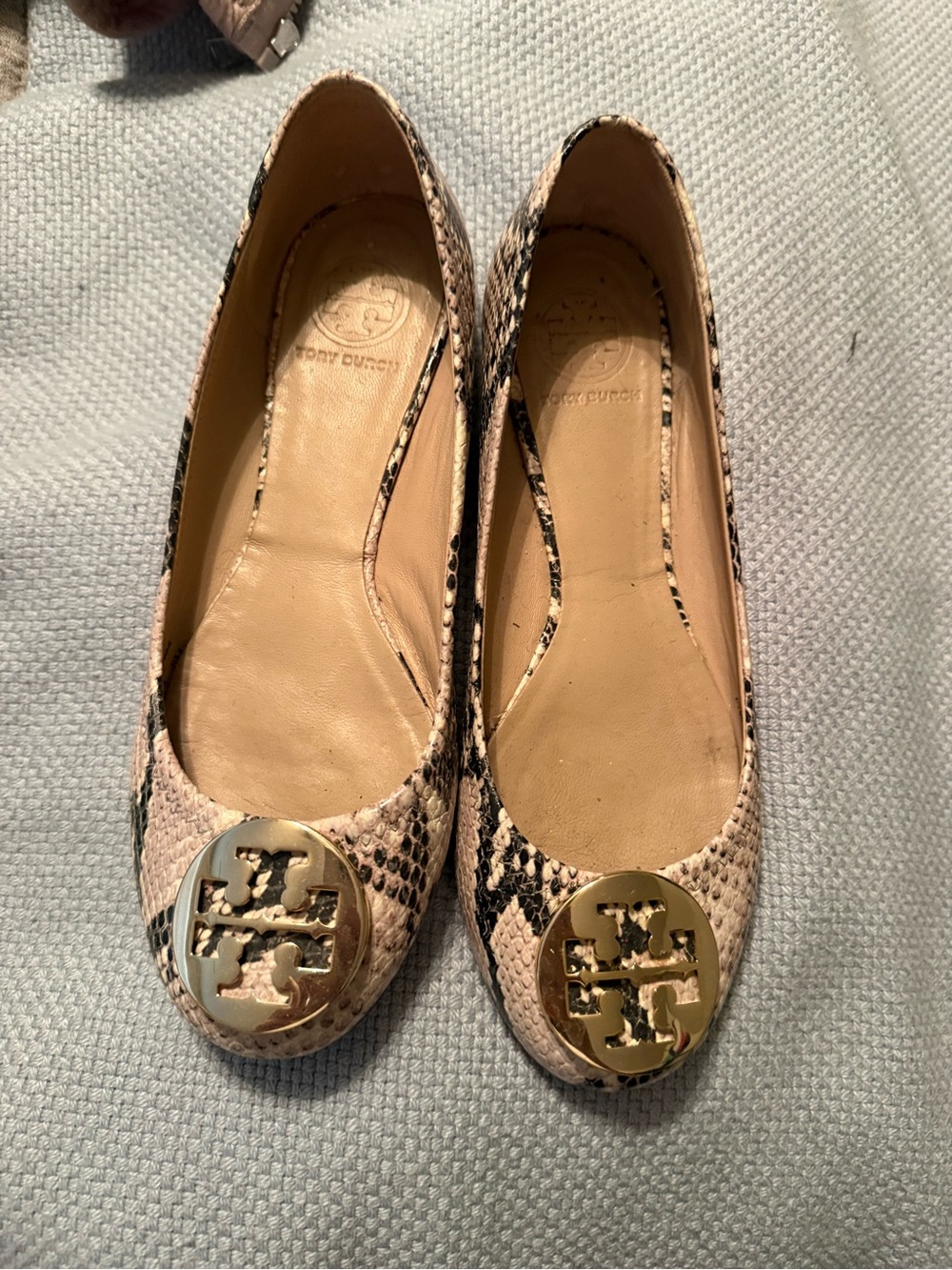 Tory Burch Pink-Beige Snake-Print Logo Ballet Flats